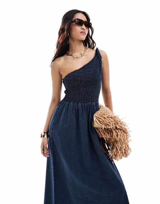 FhyzicsShops DESIGN soft denim midi dress with asymmetric neckline in dark blue