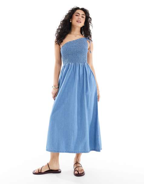 ASOS DESIGN soft denim midi dress with asymmetric neckline in midwash blue - view 1
