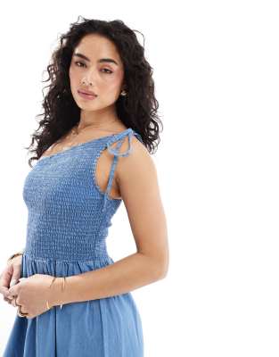 Asos Design Soft Denim Midi Dress With Asymmetric Neckline
