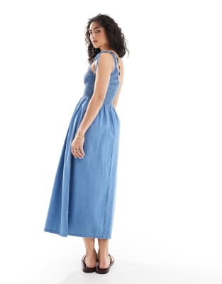 asos design soft denim midi dress with asymmetric neckline in midwash blue