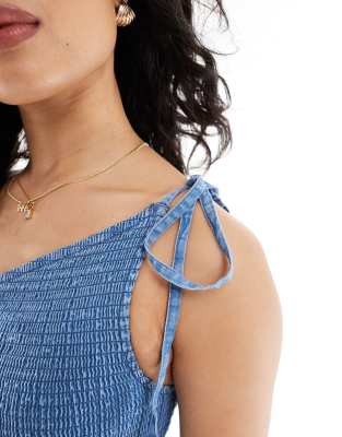 asos design soft denim midi dress with asymmetric neckline in midwash blue
