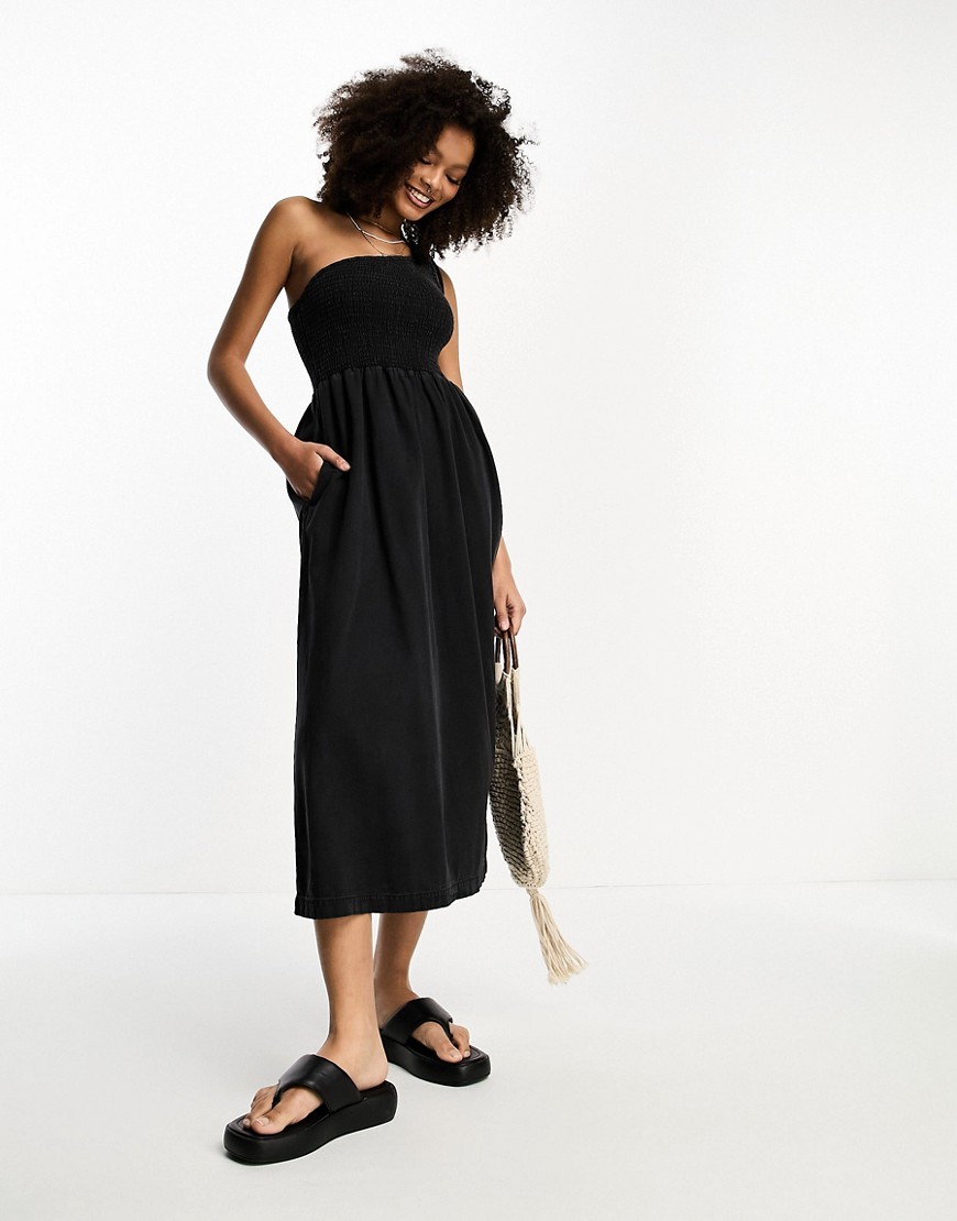 ASOS DESIGN soft denim midi dress with asymmetric neckline in washed black