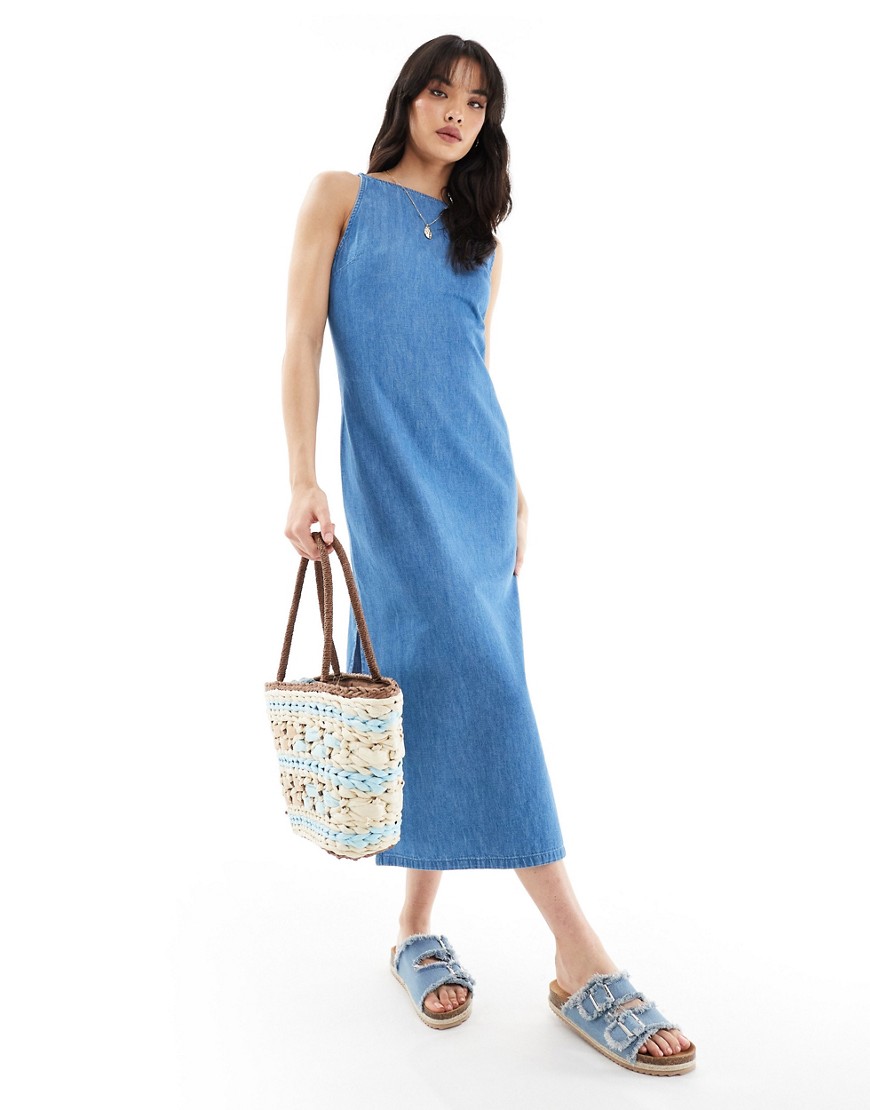 Asos Design Soft Denim Midi Dress With Boat Neck And Side Slit In Mid Wash Blue