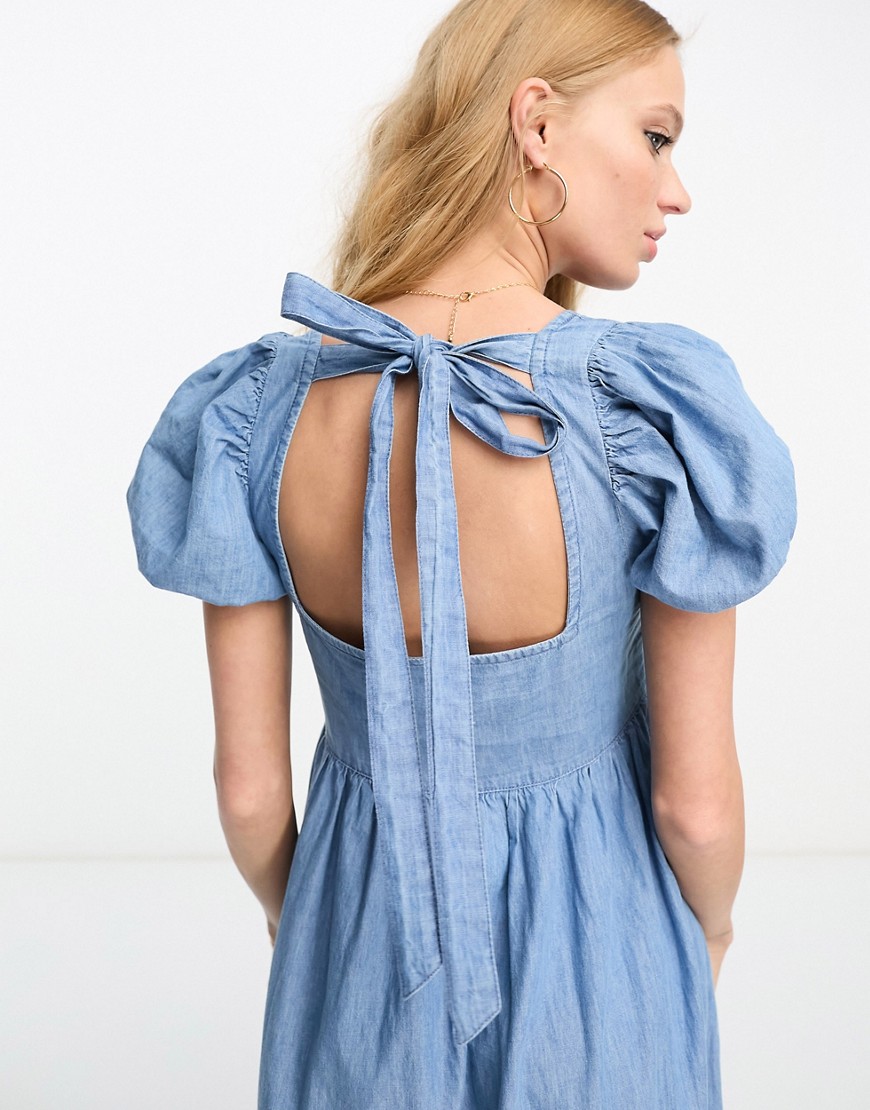 ASOS DESIGN soft denim midi dress with puff sleeve in lightwash blue