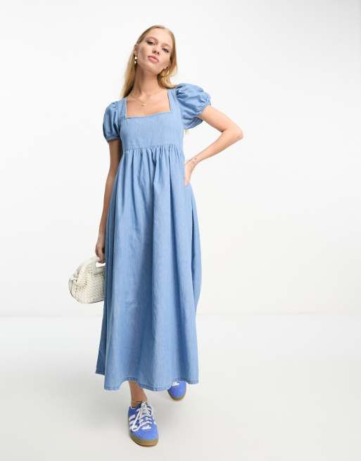 ASOS DESIGN soft denim midi dress with puff sleeve in lightwash