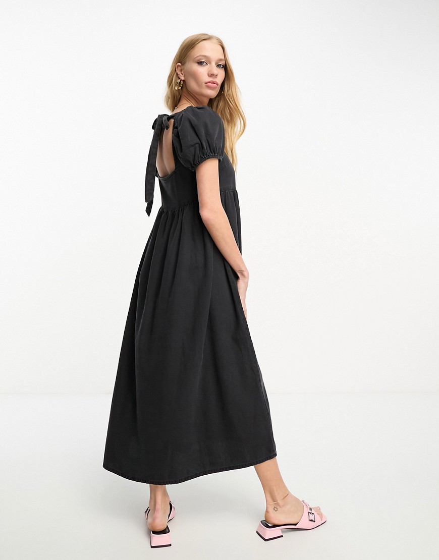 Asos Design Soft Denim Midi Dress With Tie Back Detail In Black