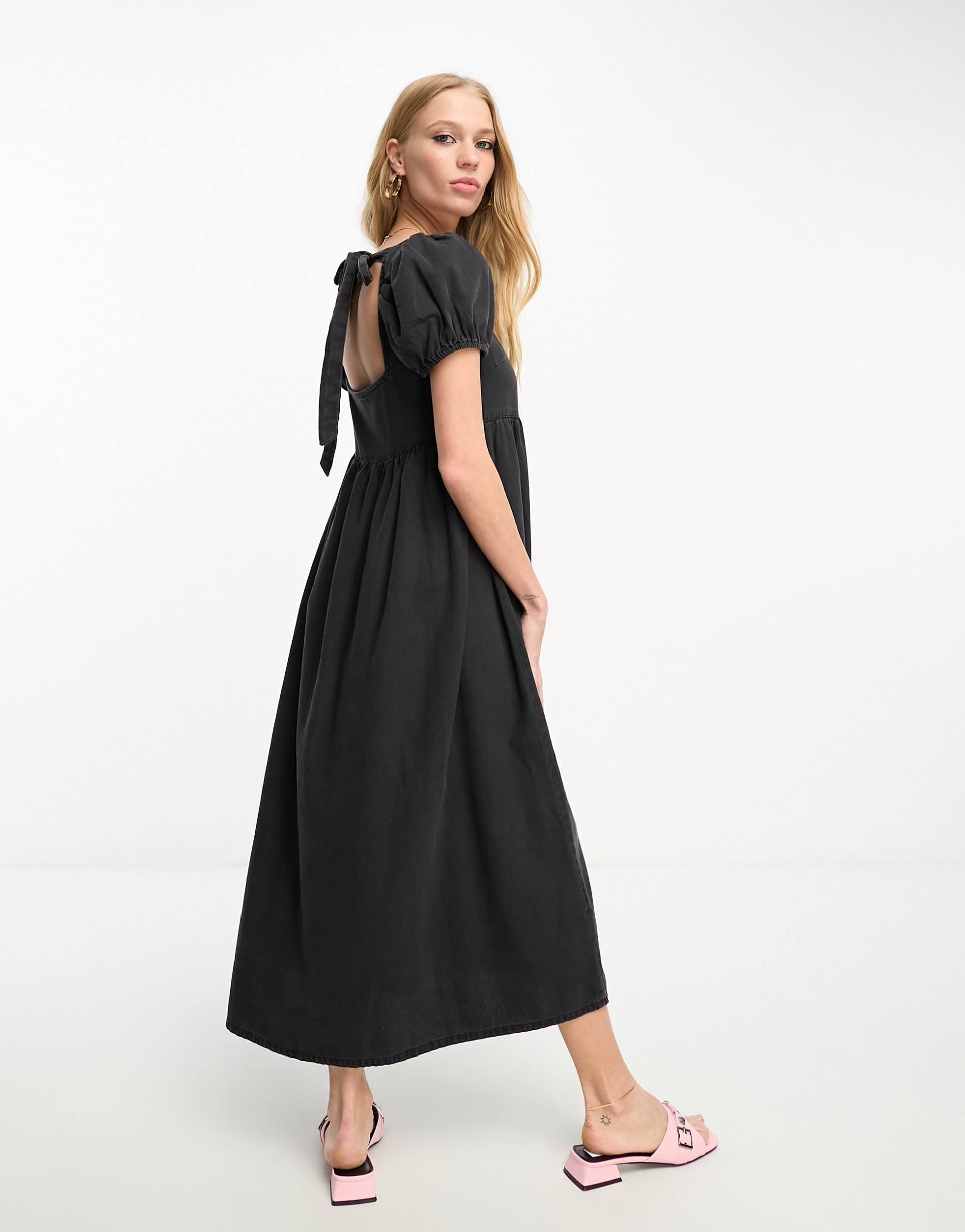 asos design soft denim midi dress with tie back detail in black