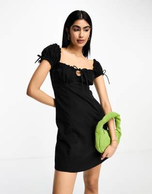 Asos Design Soft Denim Mini Dress With Ruched Sleeves In Black