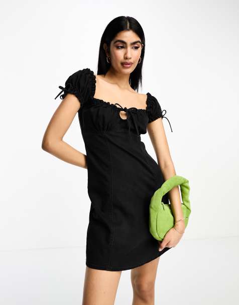 ASOS DESIGN soft denim mini dress with ruched sleeves in black - view 1