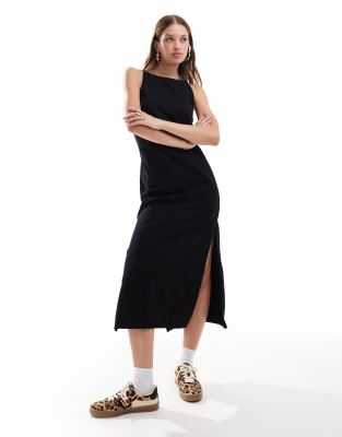 soft denim minimal midi dress in black