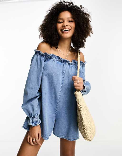 Off shoulder hot sale denim jumpsuit