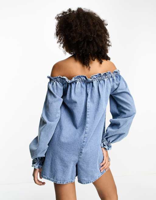 ASOS DESIGN soft denim off shoulder playsuit in lightwash blue