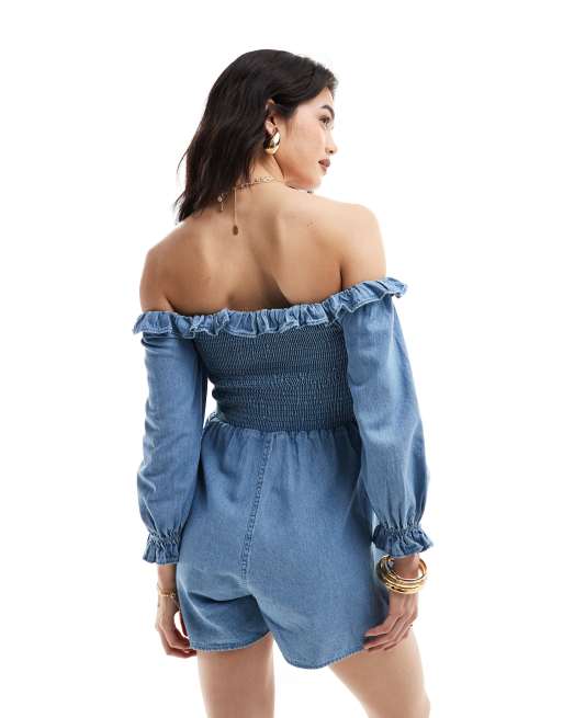 ASOS DESIGN soft denim off shoulder playsuit with frill detail in mid blue ASOS