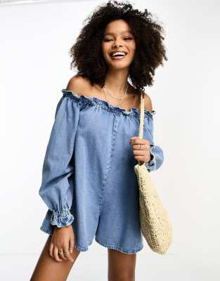 Asos Design Soft Denim Off Shoulder Romper In Lightwash Blue