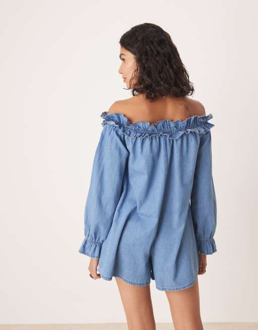 ASOS DESIGN soft denim off-the-shoulder playsuit with frill detail in light midwash, 3 of 4