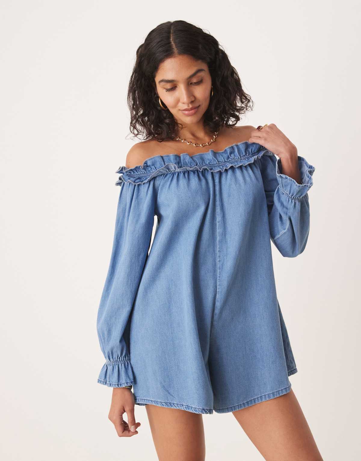 ASOS DESIGN soft denim off the shoulder playsuit with frill detail in light wash blue