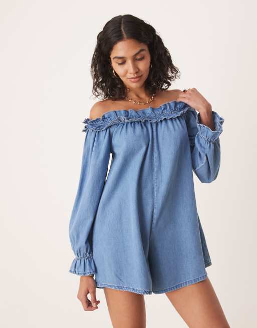 ASOS DESIGN soft denim off the shoulder playsuit with frill detail in light wash blue