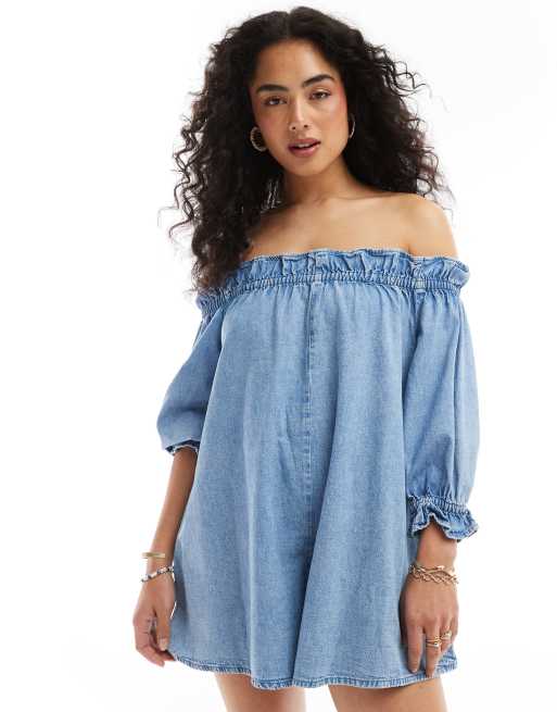 FhyzicsShops DESIGN soft denim off the shoulder playsuit with frill detail in midwash blue