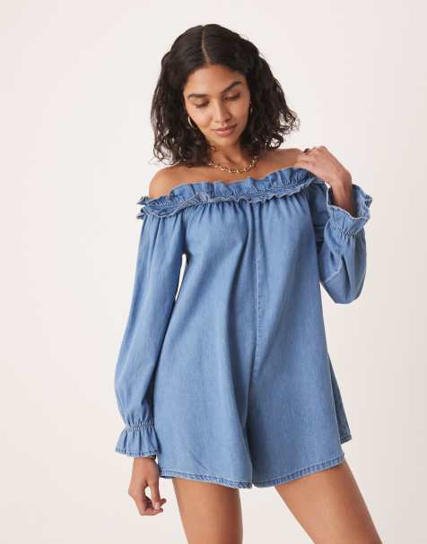 ASOS DESIGN soft denim off the shoulder romper with frill detail in light mid wash - view 1