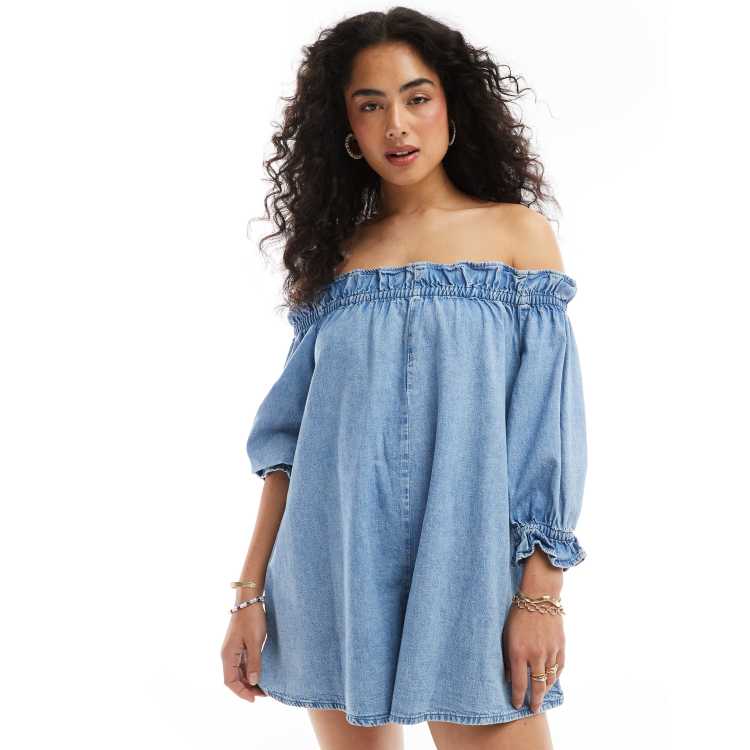 ASOS DESIGN soft denim off the shoulder romper with frill