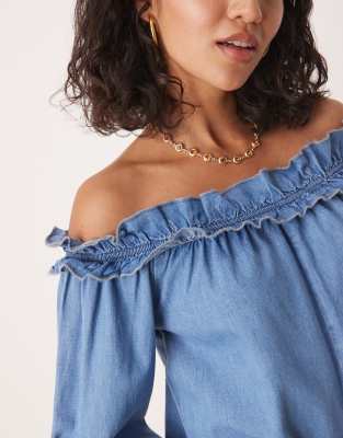 Asos Design Soft Denim Off The Shoulder Romper With Frill Detailing In Blue