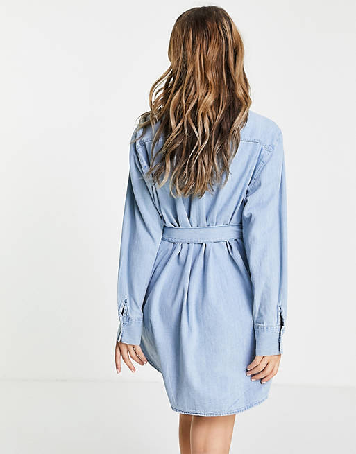 soft denim oversized belted shirt dress in midwash blue 