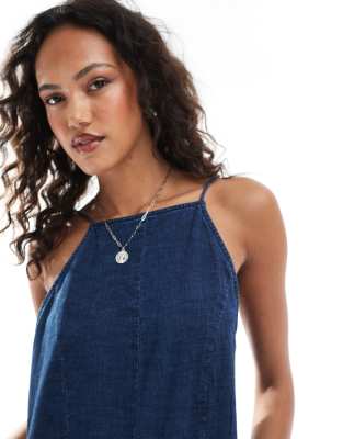 ASOS DESIGN SOFT DENIM PALAZZO HALTER NECK JUMPSUIT 