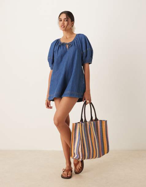 ASOS DESIGN soft denim playsuit with balloon sleeves in dark mid blue - view 1