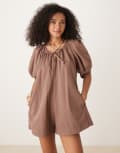 [ASOS DESIGN] ASOS DESIGN soft denim playsuit with balloon sleeves in mocha-Brown 6 Mocha