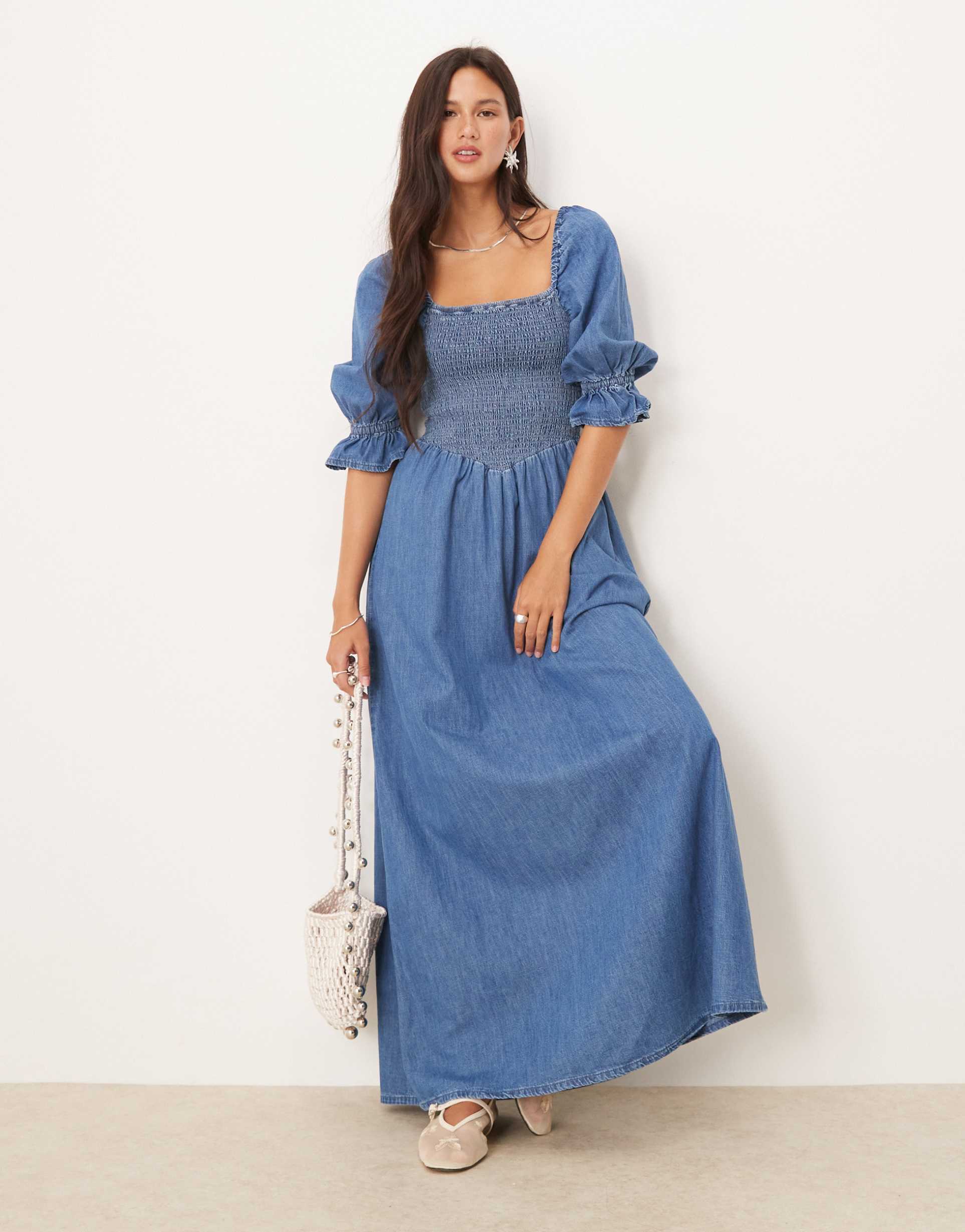 asos design soft denim puff sleeve maxi dress with shirring in mid wash