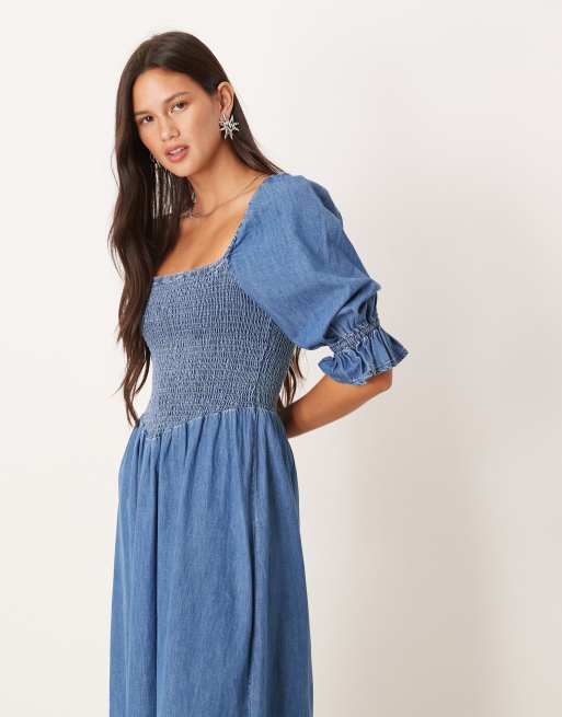 ASOS DESIGN soft denim puff sleeve maxi dress with shirring in midwash, 3 of 4