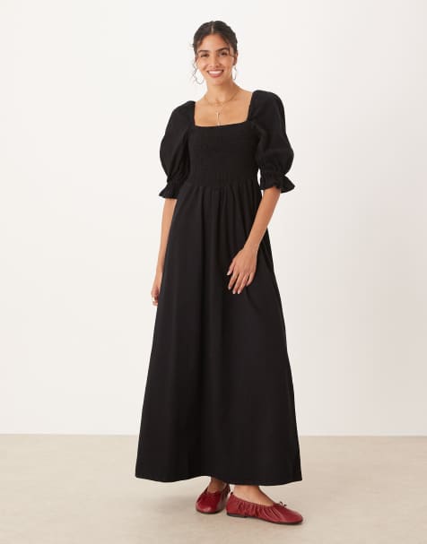 ASOS DESIGN soft denim puff sleeve midi dress with shirring in black - view 1