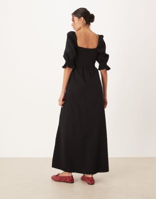 Asos Design Soft Denim Puff Sleeve Midi Dress With Shirring In Black