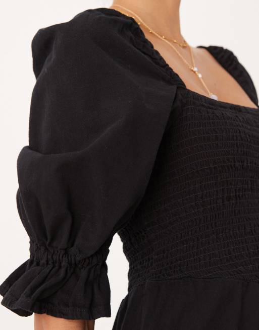 ASOS DESIGN soft denim puff sleeve midi dress with shirring in black, 3 of 4