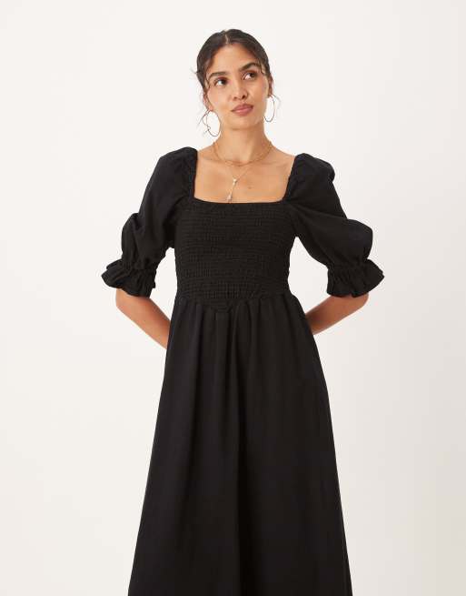 ASOS DESIGN soft denim puff sleeve midi dress with shirring in black, 4 of 4