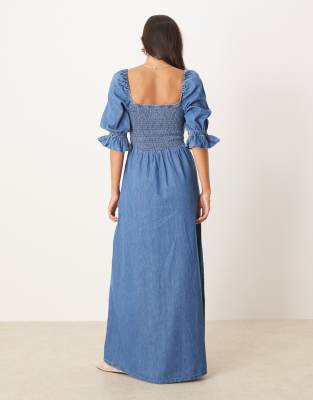 Asos Design Soft Denim Puff Sleeve Midi Dress With Shirring