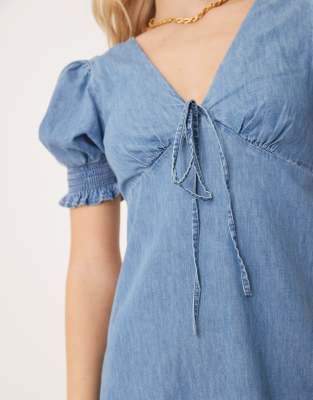 Asos Design Soft Denim Puff Sleeve Mini Dress With Frill Detail In Blue