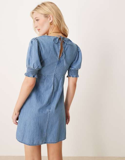 ASOS DESIGN soft denim puff sleeve mini dress with frill detail in mid blue, 4 of 4