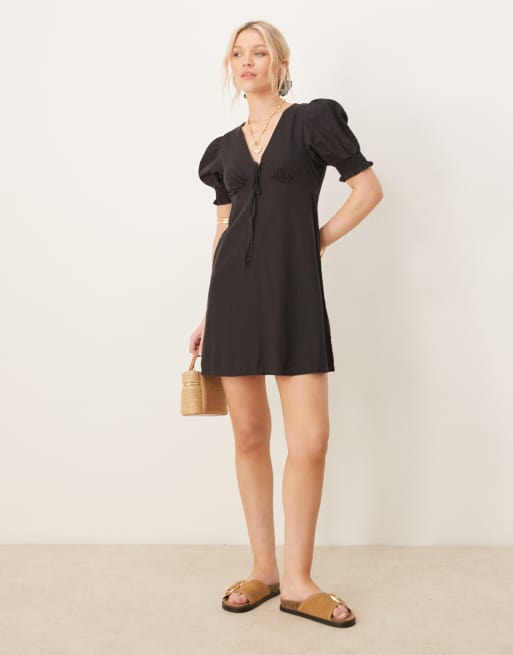 ASOS DESIGN soft denim puff sleeve mini dress with frill detail in washed black, 3 of 4