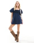 [ASOS DESIGN] ASOS DESIGN soft denim puff sleeve mini dress with shirred body in rinse wash-Blue 4 Rinse