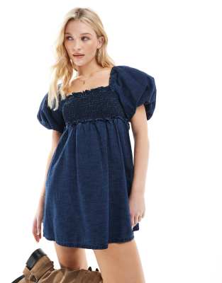 Asos Design Soft Denim Puff Sleeve Mini Dress With Shirred Body In Blue