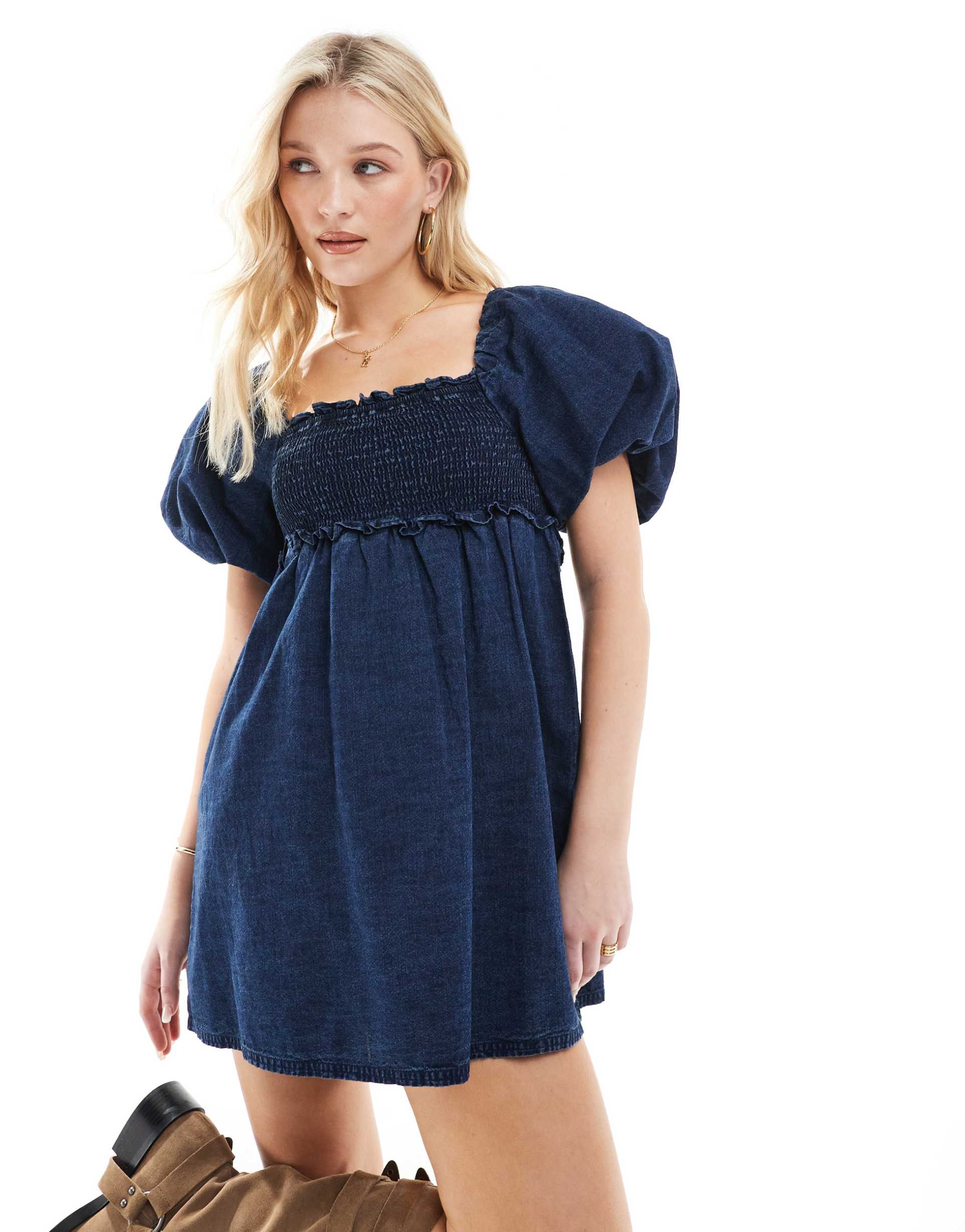 asos design soft denim puff sleeve mini dress with shirred body in rinse wash