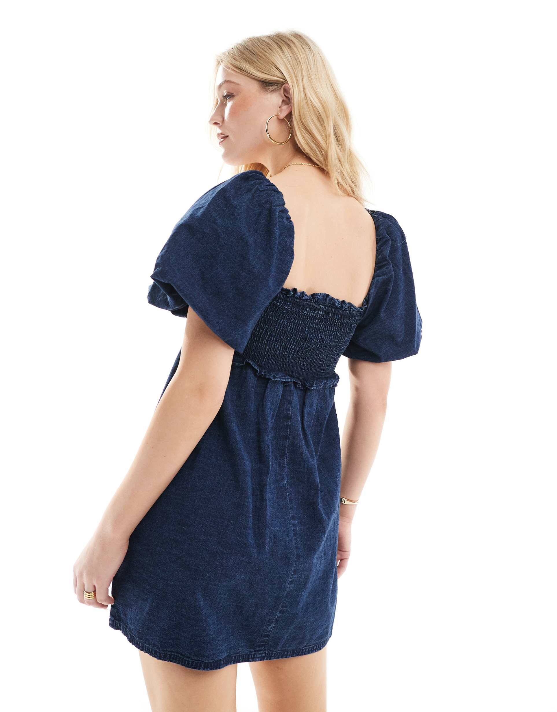 asos design soft denim puff sleeve mini dress with shirred body in rinse wash