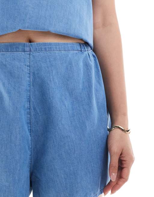 ASOS DESIGN soft denim pull on short in mid blue co-ord, 4 of 5