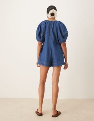 Asos Design Soft Denim Romper With Balloon Sleeves