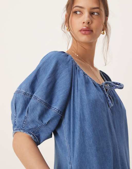ASOS DESIGN soft denim romper with balloon sleeves in midwash blue, 2 of 4