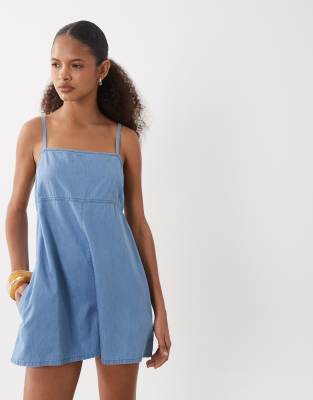 Asos Design Soft Denim Romper With Cami Straps In Blue