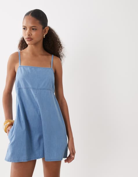 ASOS DESIGN soft denim romper with cami straps in lightwash - view 1