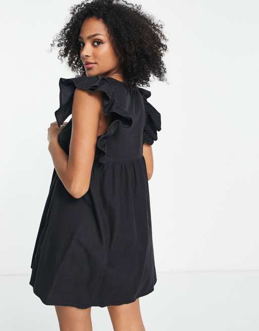 ASOS DESIGN soft denim ruffle sleeve babydoll dress in washed black