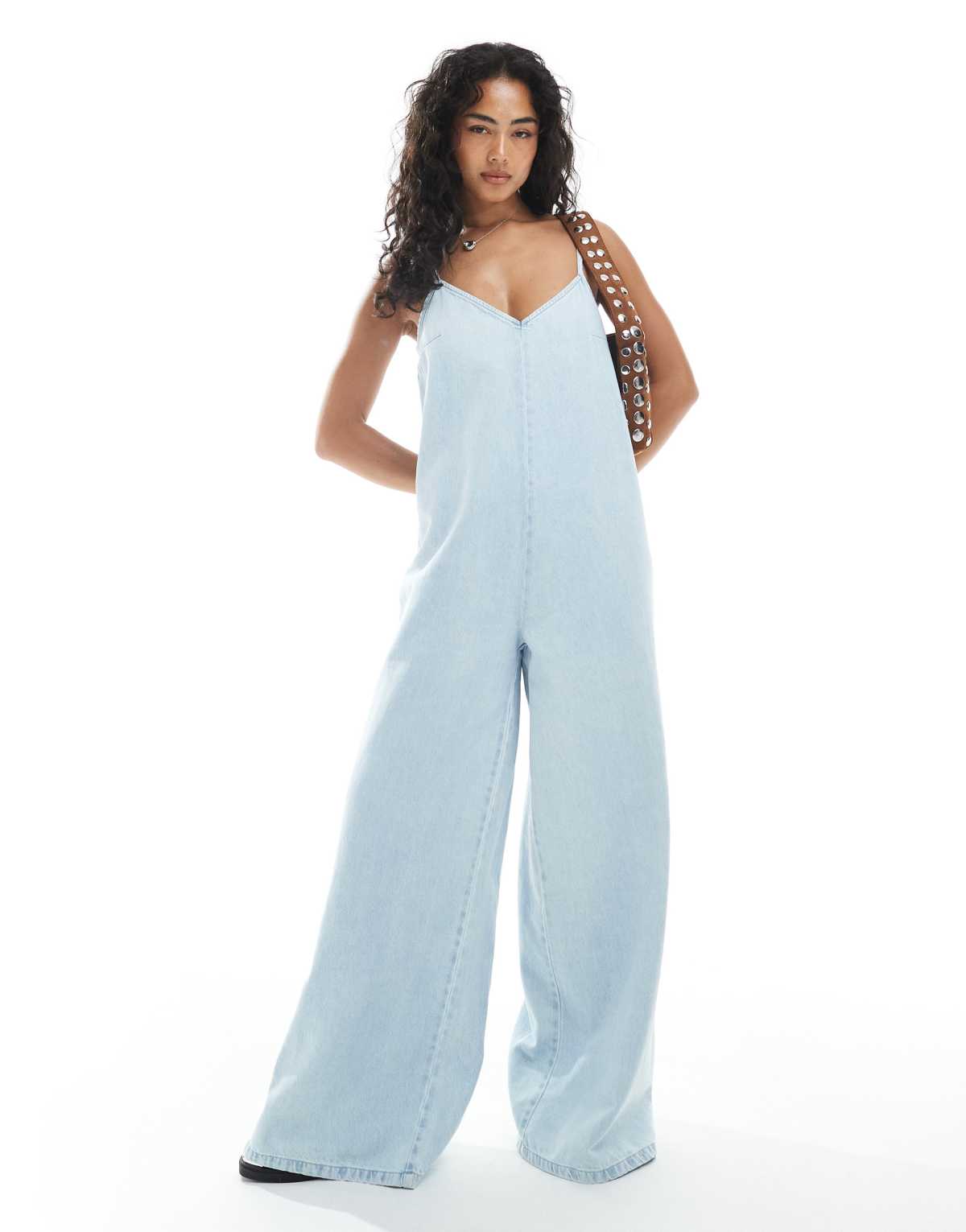 ASOS DESIGN soft denim scoop neck wide leg jumpsuit in midwwash blue